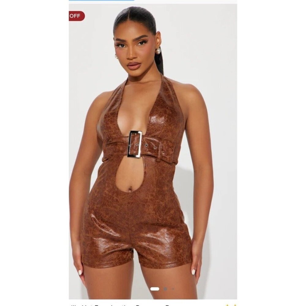 Women’s Fashion Nova  Nashville Hot Faux Leather Romper - Browns Large